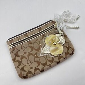 VTG Coach Signature Flower Bag in Brown Rare Canvas Leather Pouch Makeup Bag Y2K